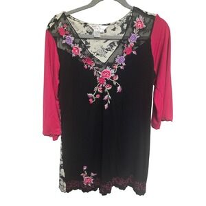 Vintage Y2K Fairycore Black Floral Embroidered Mesh V-Neck Sleeve Tunic Top M